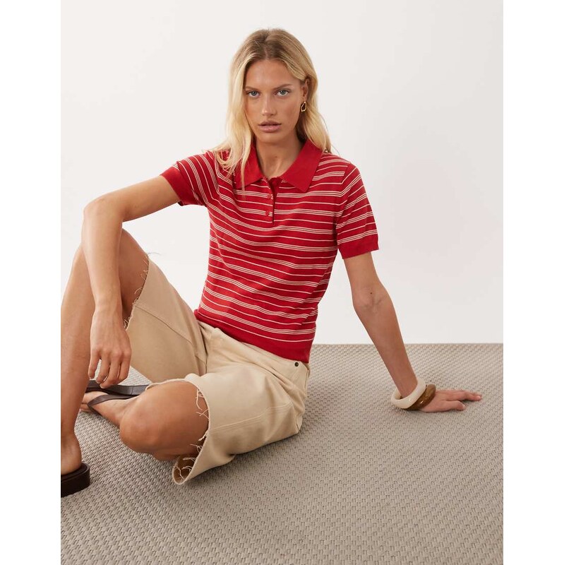 Mango short sleeve polo top in red stripe