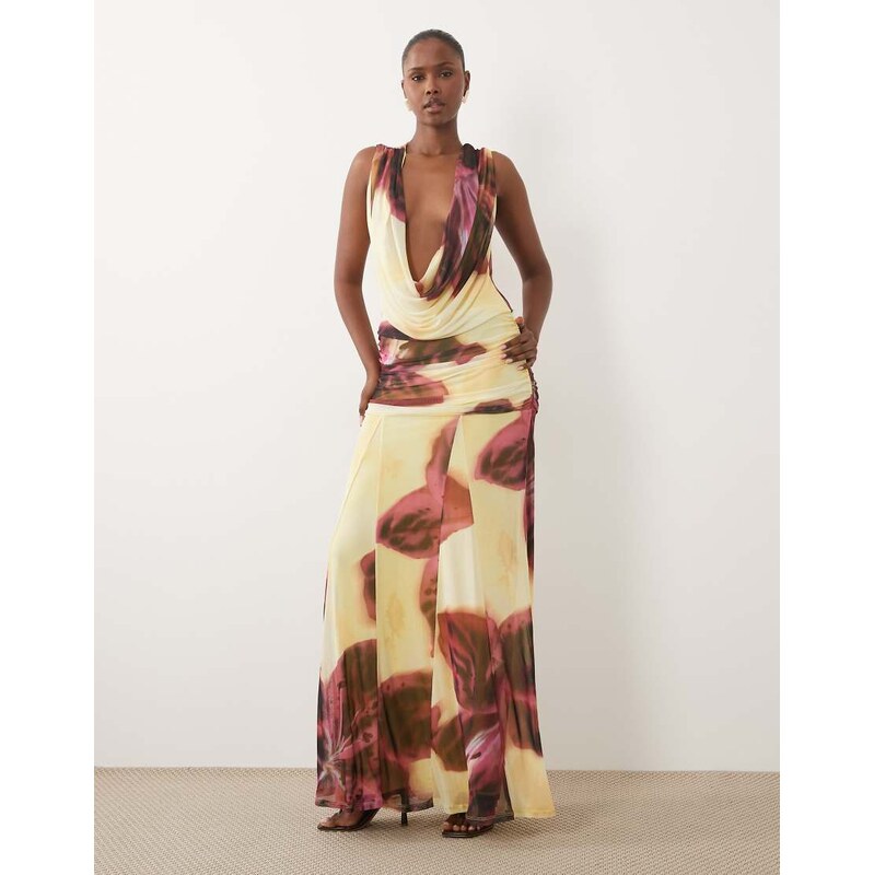 ASOS DESIGN printed mesh deep plunge mesh maxi dress over sized