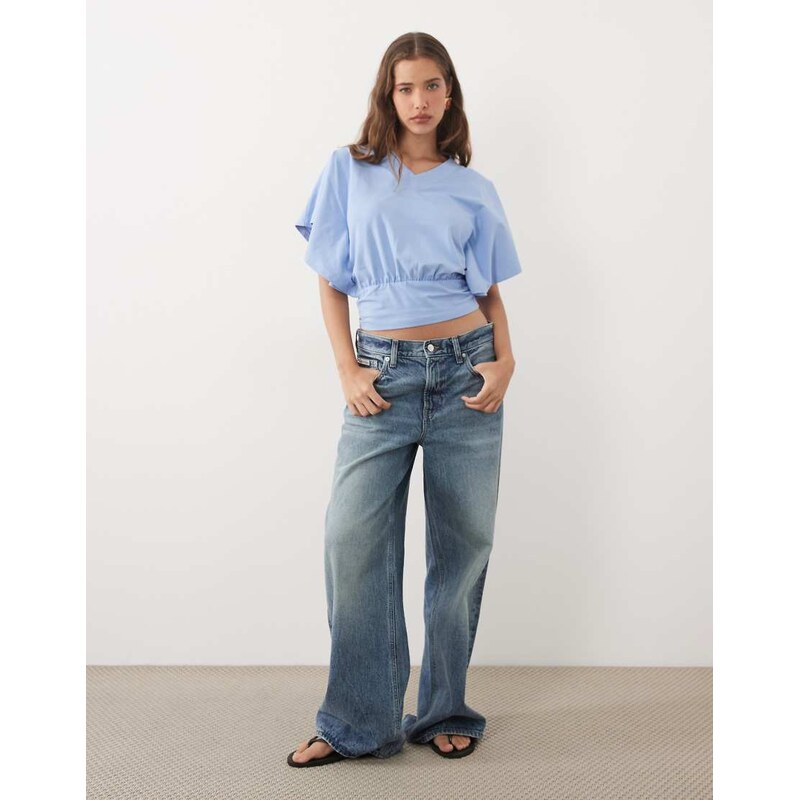 ASOS DESIGN V neck cinch waist top in light blue