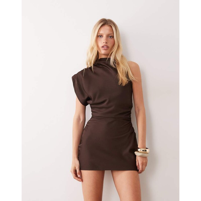 Mango asymmetric sleeve mini dress in brown