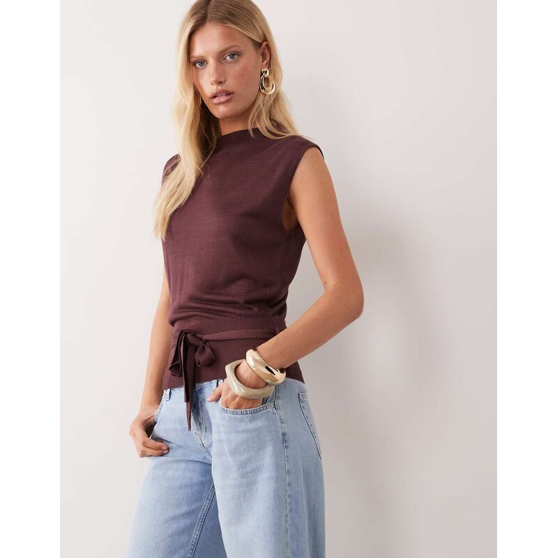 Mango sleeveless tie waist knitted top in burgundy-Red