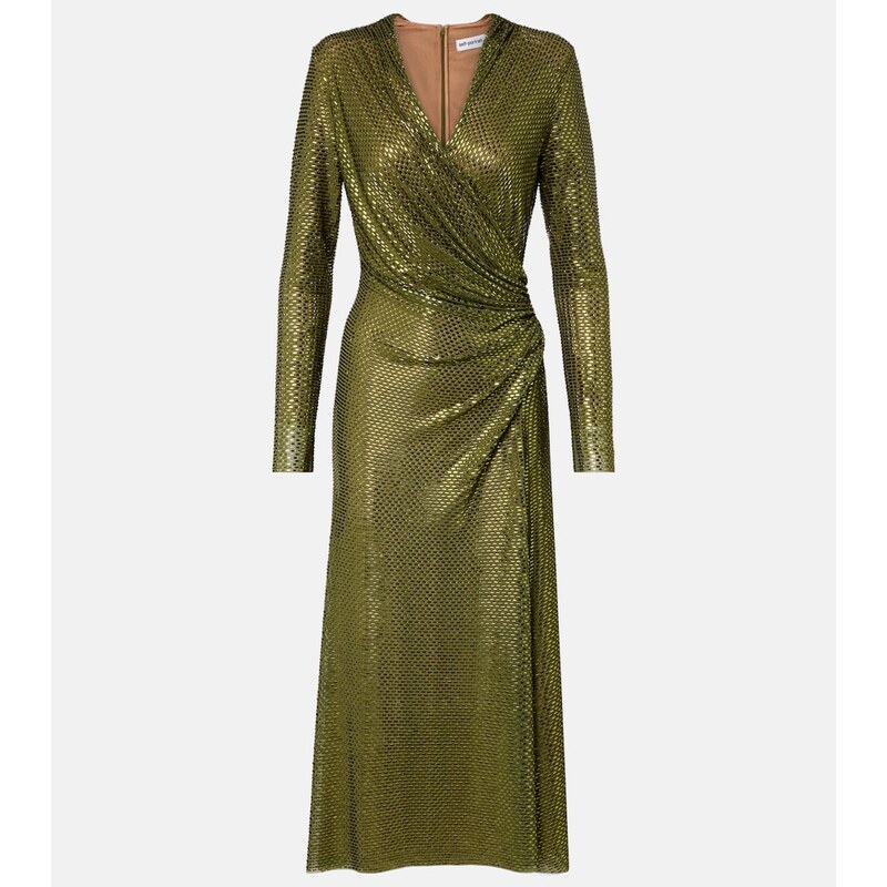 Self-Portrait Gathered rhinestone-embellished midi dress