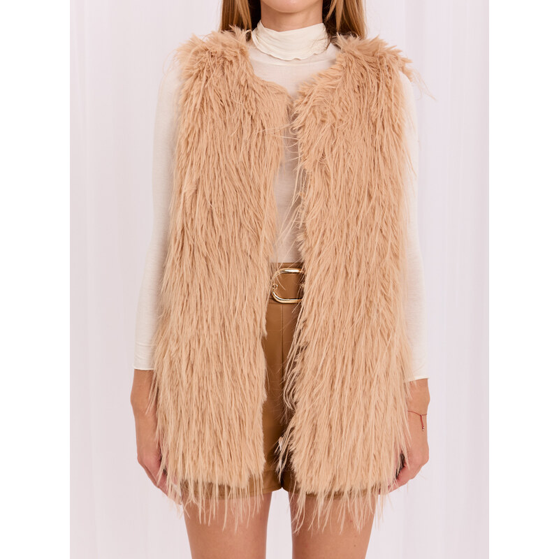 ITALY MODA Tmavě béžová kožíšková vesta AT-KZ-2349-1,49-camel