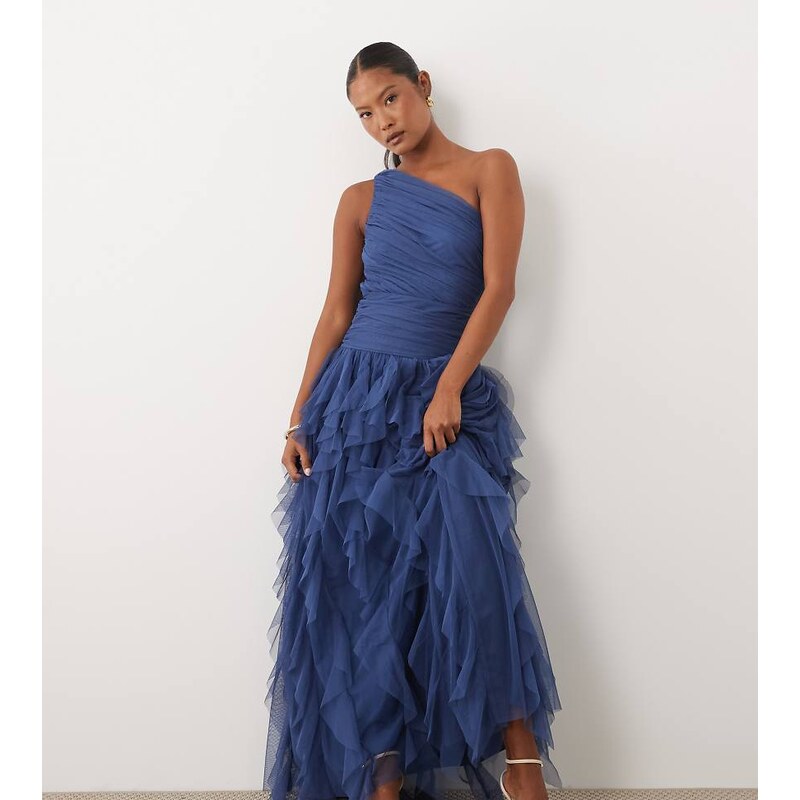 Lace & Beads Petite one shoulder waterfall ruffle maxi dress in