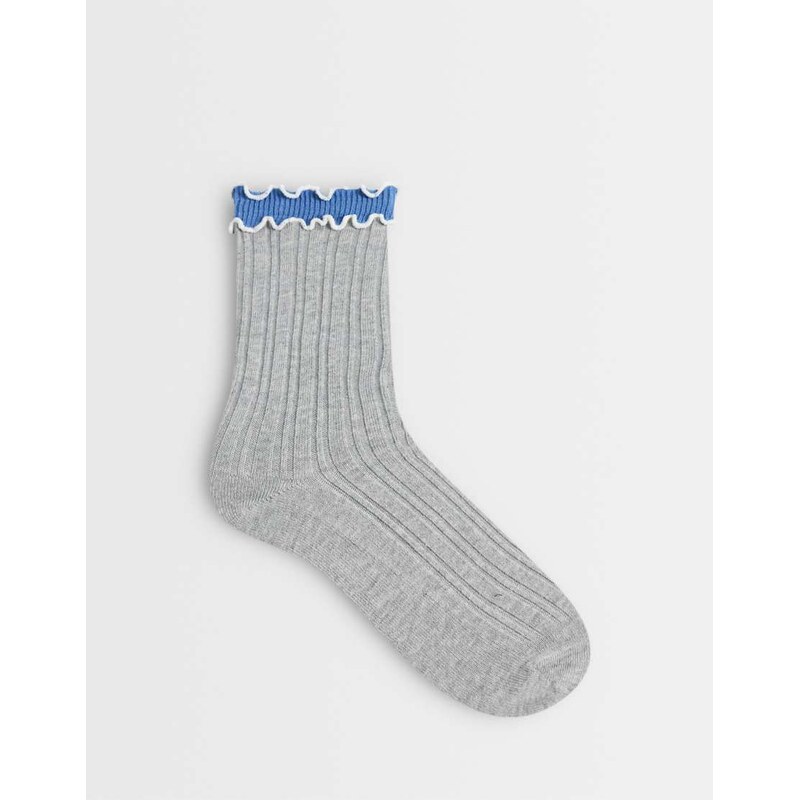 ASOS DESIGN ribbed socks with layered frill top in grey and blue