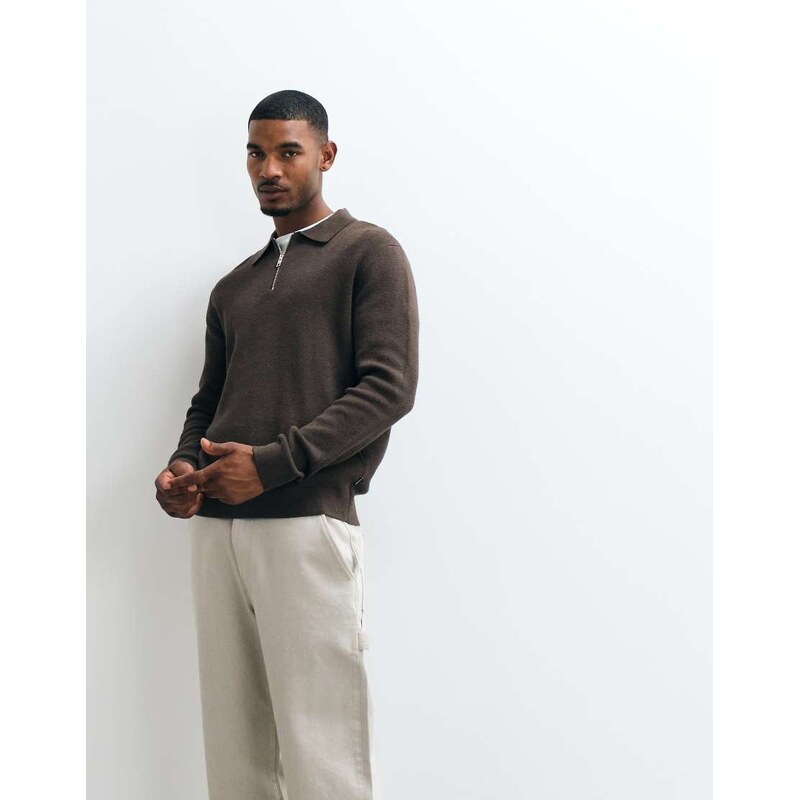 Jack & Jones premium milano stitch half zip jumper in brown