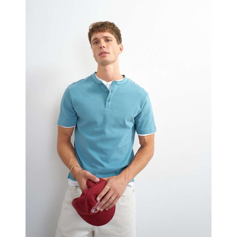 Topman relaxed fit linen mix henley t-shirt in petrol blue
