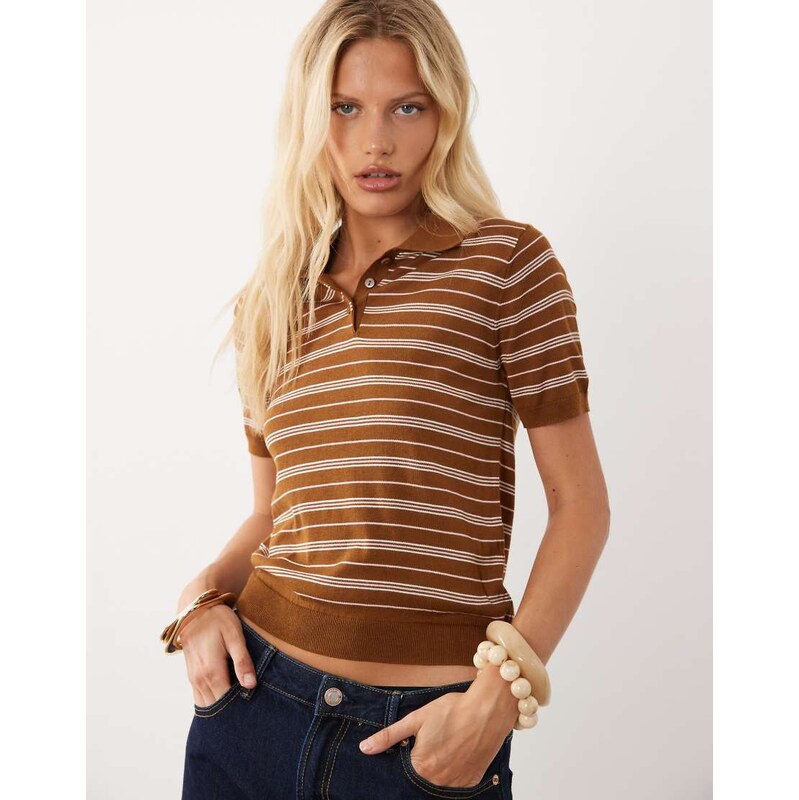 Mango short sleeve polo top in brown stripe