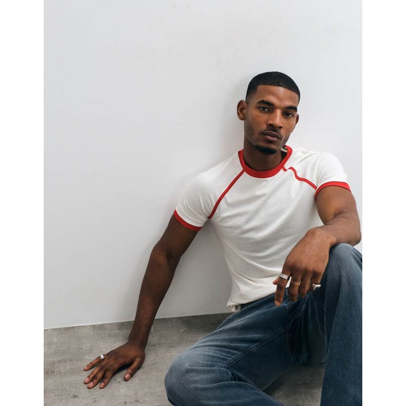 ASOS DESIGN slim fit raglan ringer t-shirt in cream and red