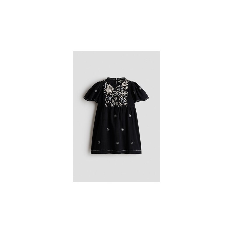H&M - Bavlněné šatys výšivkami - Černá/Květy