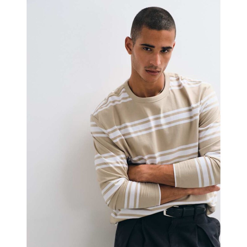 Threadbare long sleeve stripe tee in beige and white-Neutral