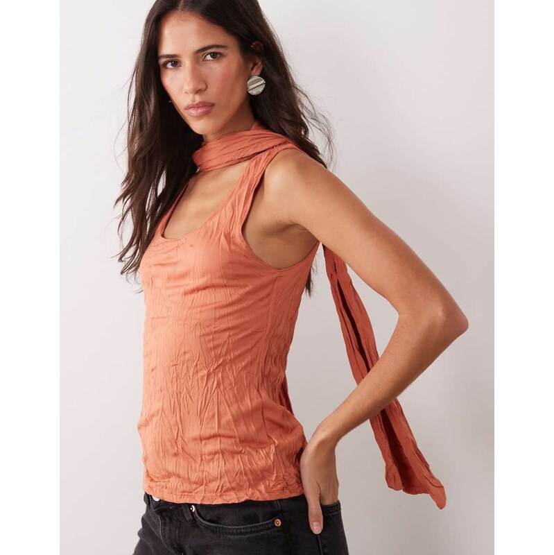 ASOS DESIGN crinkle scarf neck tank top in rust-Orange