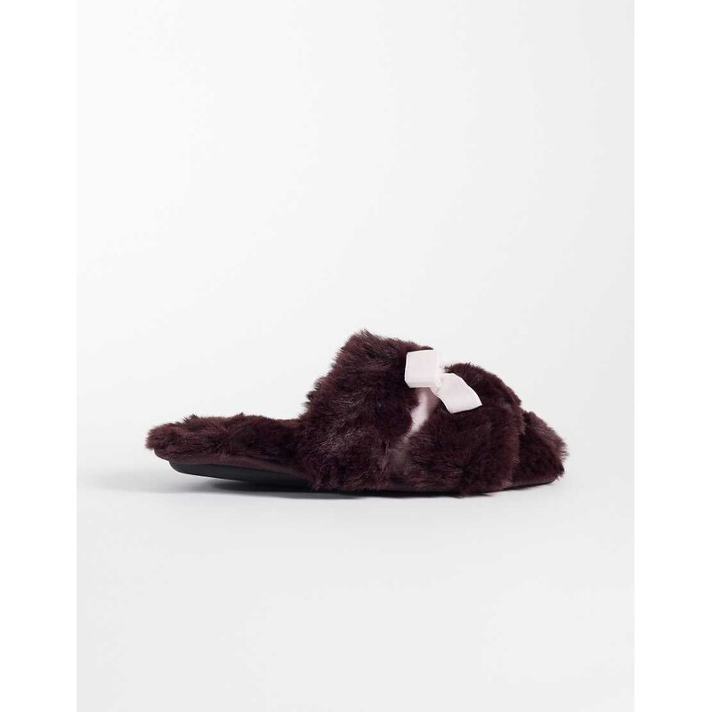 Boux Avenue open toe diamante heart bow front plush slippers in