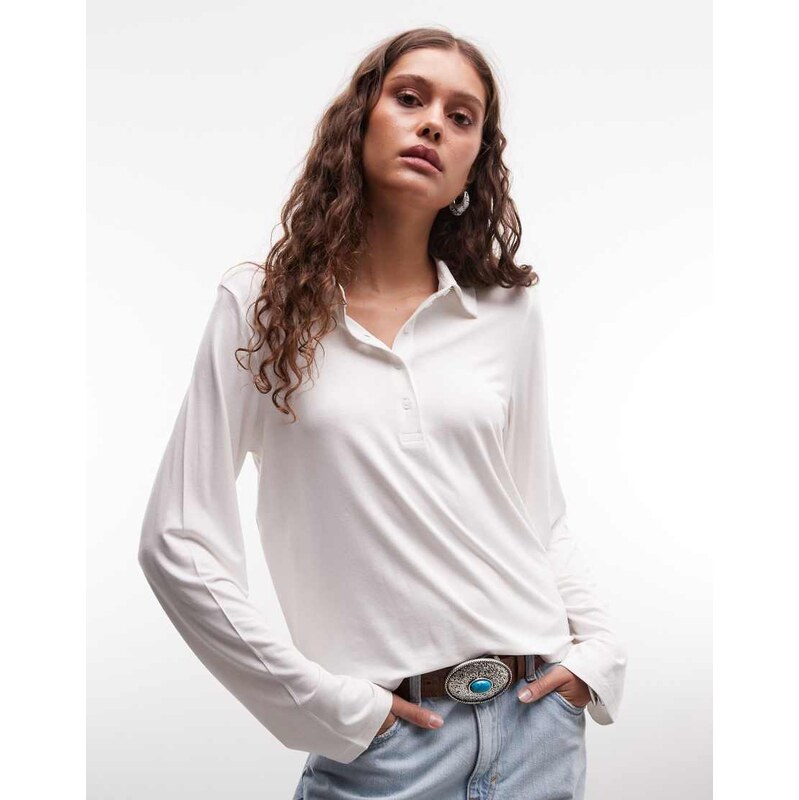 Monki long sleeve polo top in white