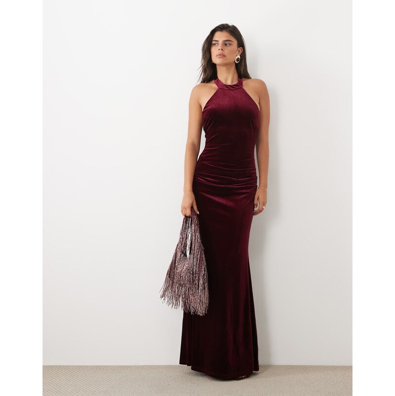 TFNC velvet high neck racer maxi dress in burgundy-Red