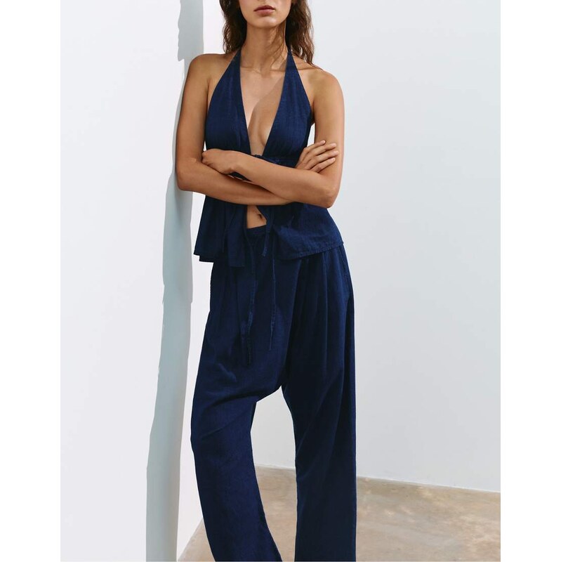 Pull&Bear Denim sarouel capris in dark blue