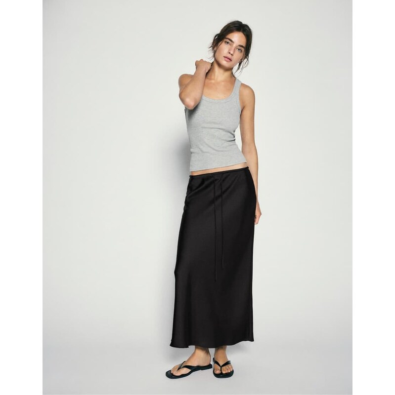 Pull&Bear Satin drawstring midi skirt in black