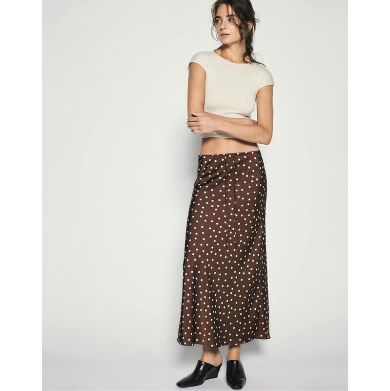 Pull&Bear Satin drawstring midi skirt in print 1-Multi