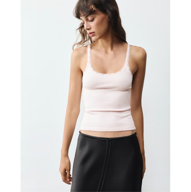 Pull&Bear Lace-trim tank top in rose pink