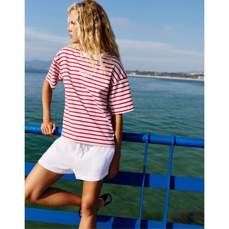 Pull&Bear Oversize striped t-shirt in burgundy-Red