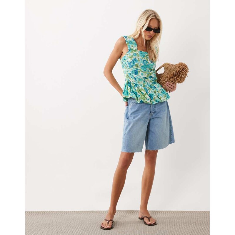 ASOS DESIGN volume peplum cami in blue floral-Multi