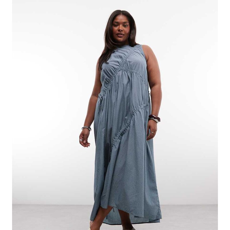 COLLUSION Plus channel detail high neck midi dress in blue check