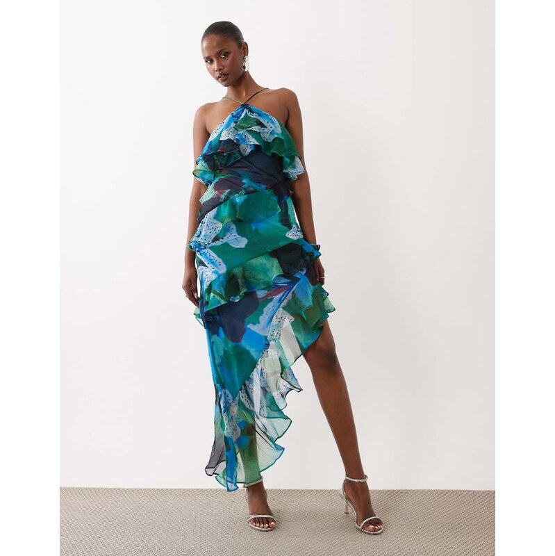 ASOS DESIGN ruffle halter maxi dress in blue green floral-Multi