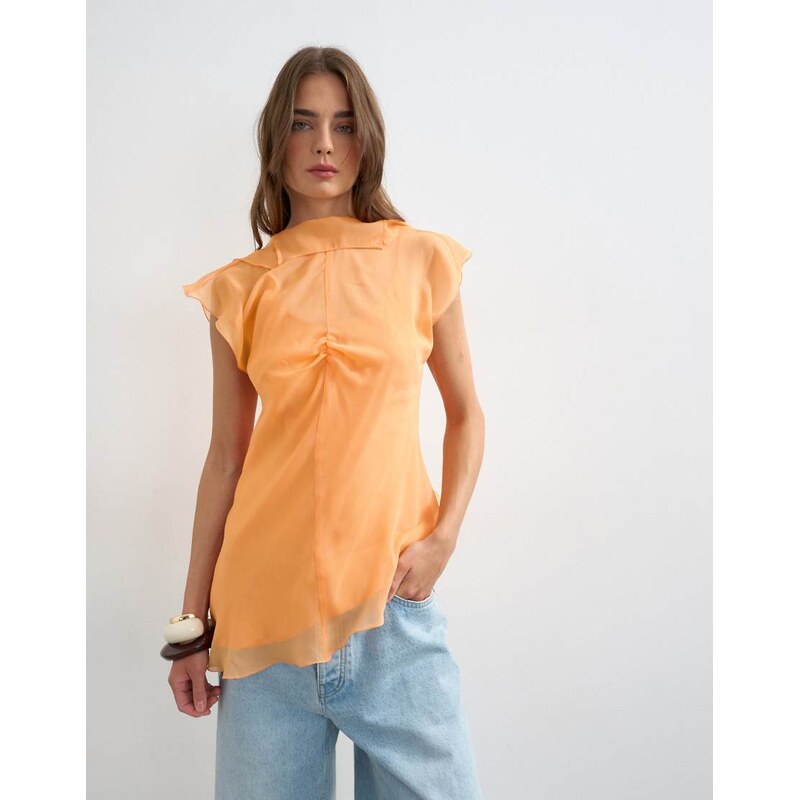 Topshop sheer drape neck top in rust-Neutral