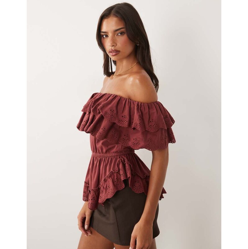 ASOS DESIGN bardot top with tiered broderie frills in rust