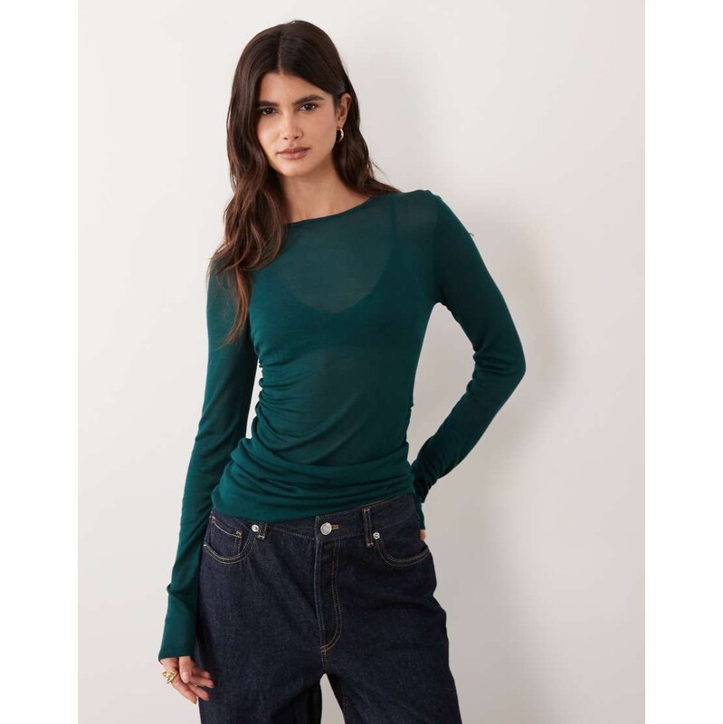 ASOS DESIGN sheer knitted soft touch ruched side top in forest