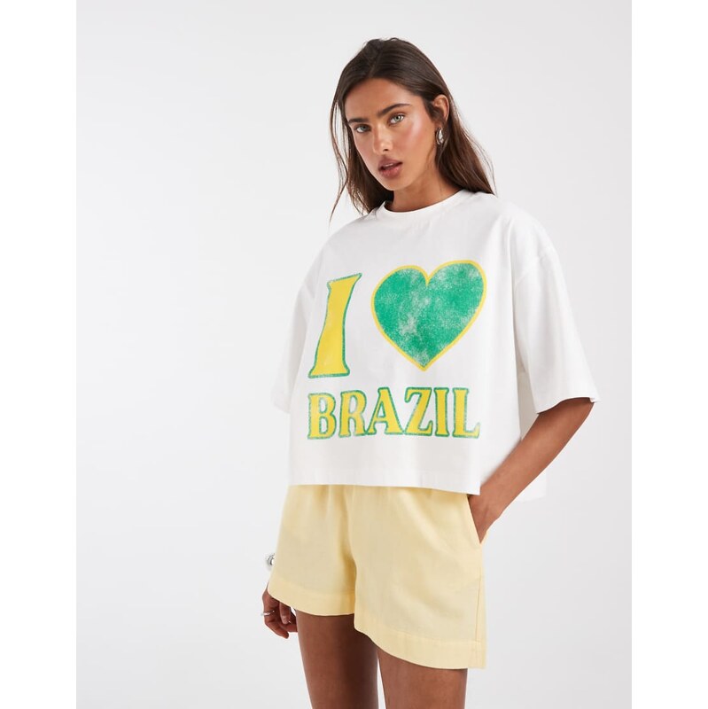 ASOS DESIGN Boxy crop tee with I love Brazil graphic in white