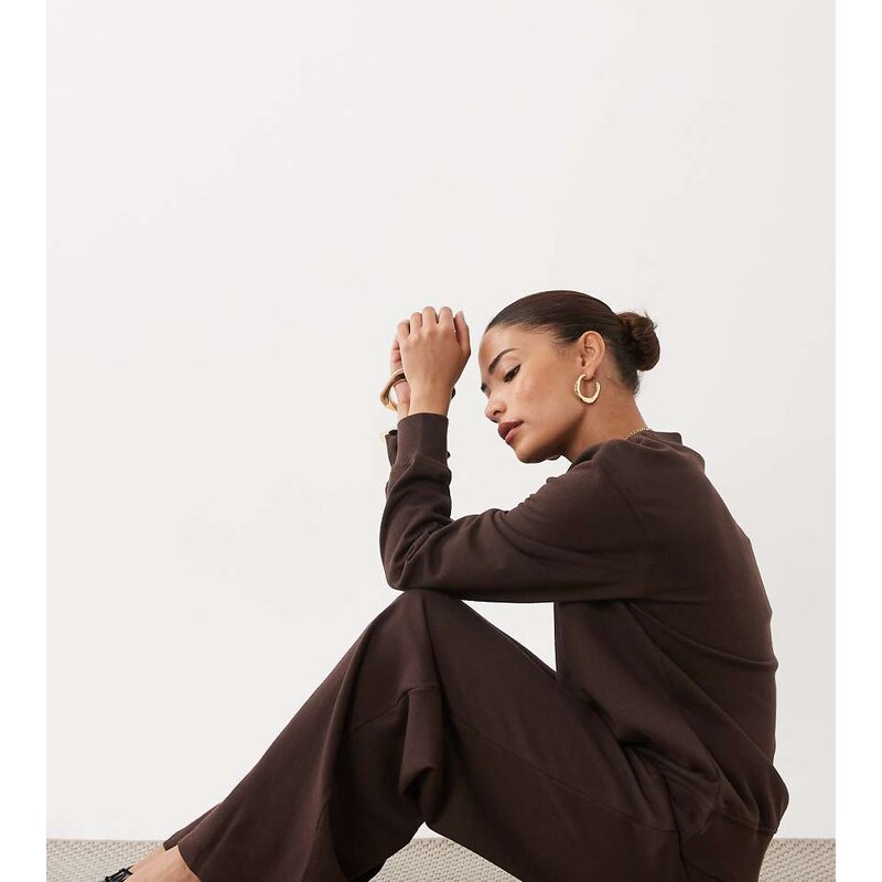 JDY Petite wide leg sweat joggers co-ord in chocolate brown