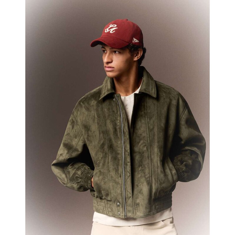 Bershka Faux suede jacket in khaki-Green