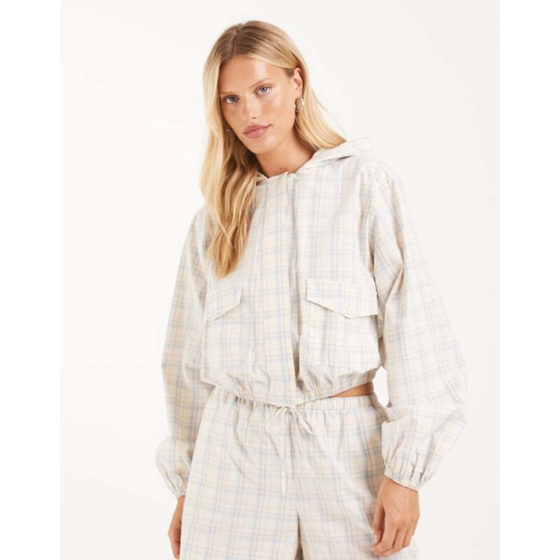 ASOS DESIGN hooded button through bomber jacket in check co ord
