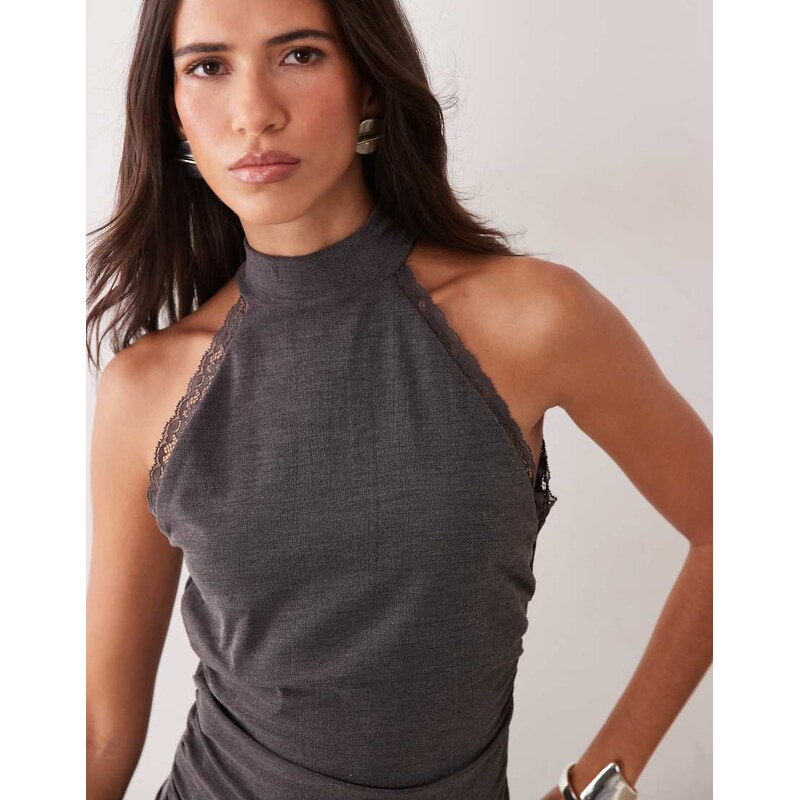 Mango high neck sleeveless knitted top in grey