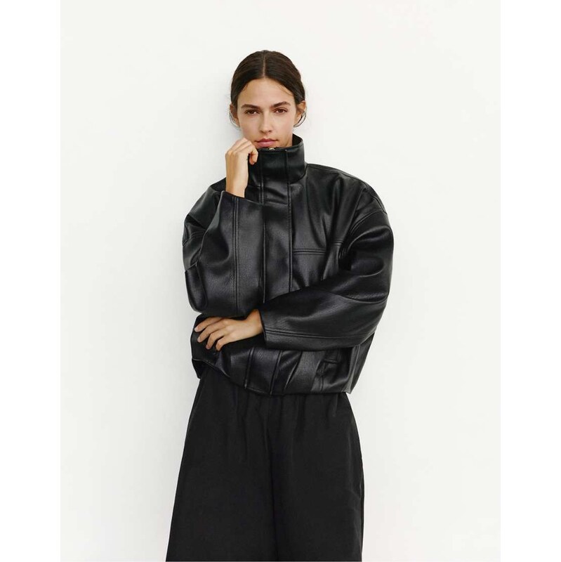 Pull&Bear Leather effect balloon jacket in black
