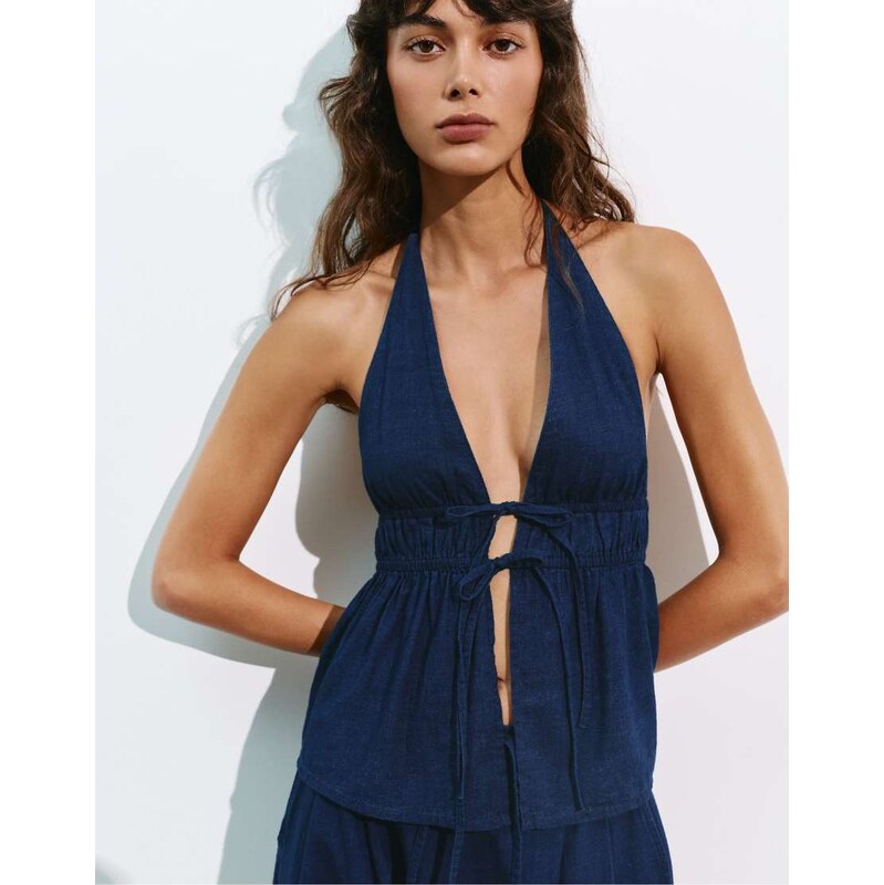 Pull&Bear Halter top with elasticated waist in dark blue