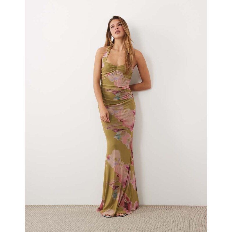 ASOS DESIGN floral printed sweetheart neck mesh fishtail maxi in