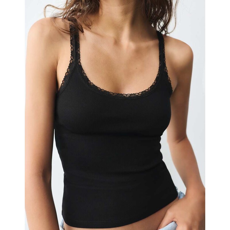 Pull&Bear Lace-trim tank top in black