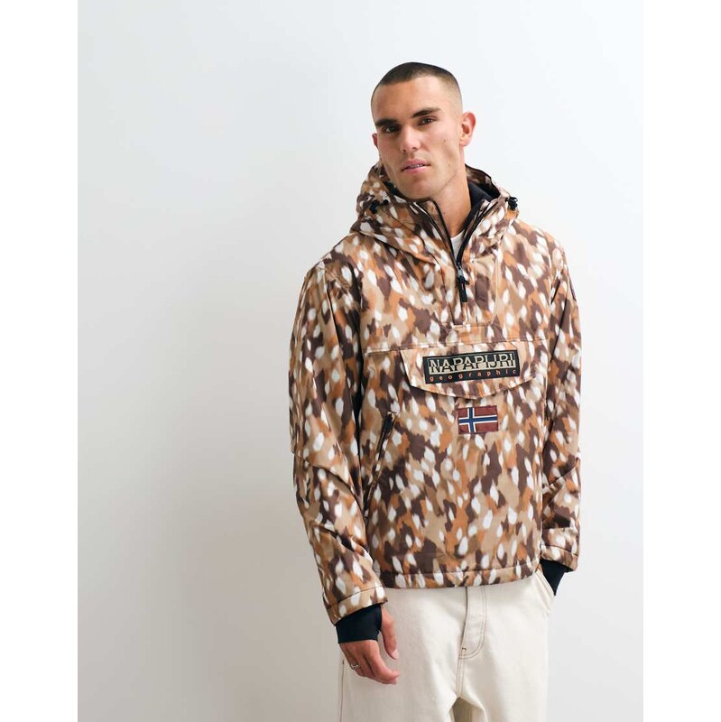 Napapijri box logo printed anorak in deer print-Brown