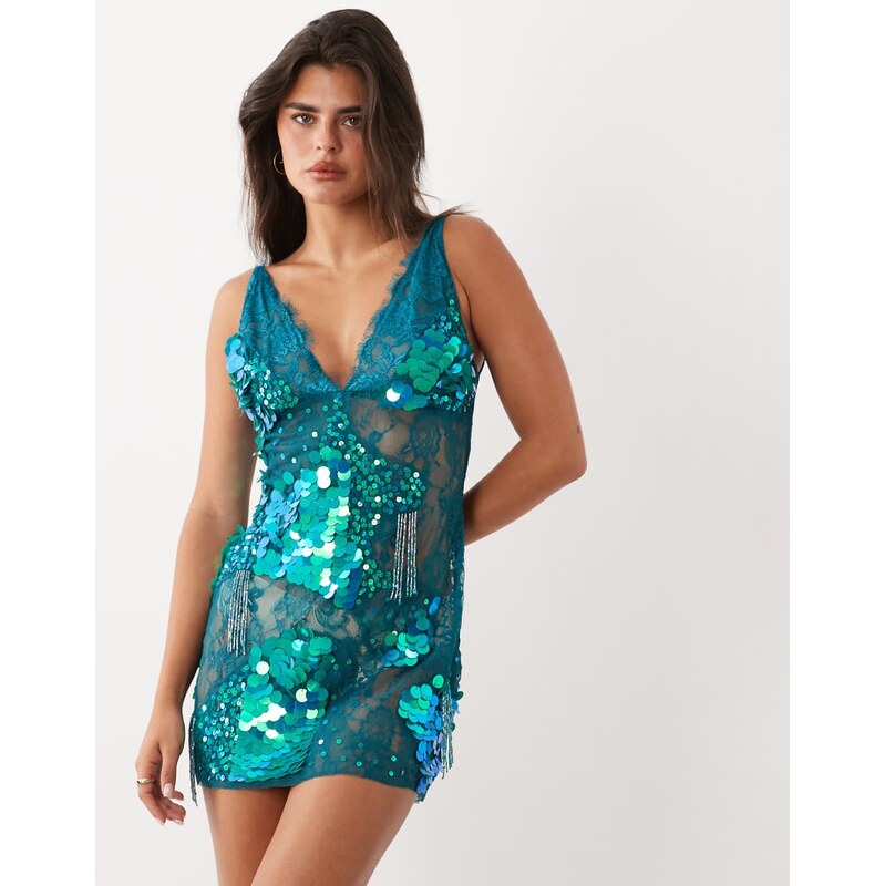 ASOS DESIGN sheer lace cami mini dress with placement