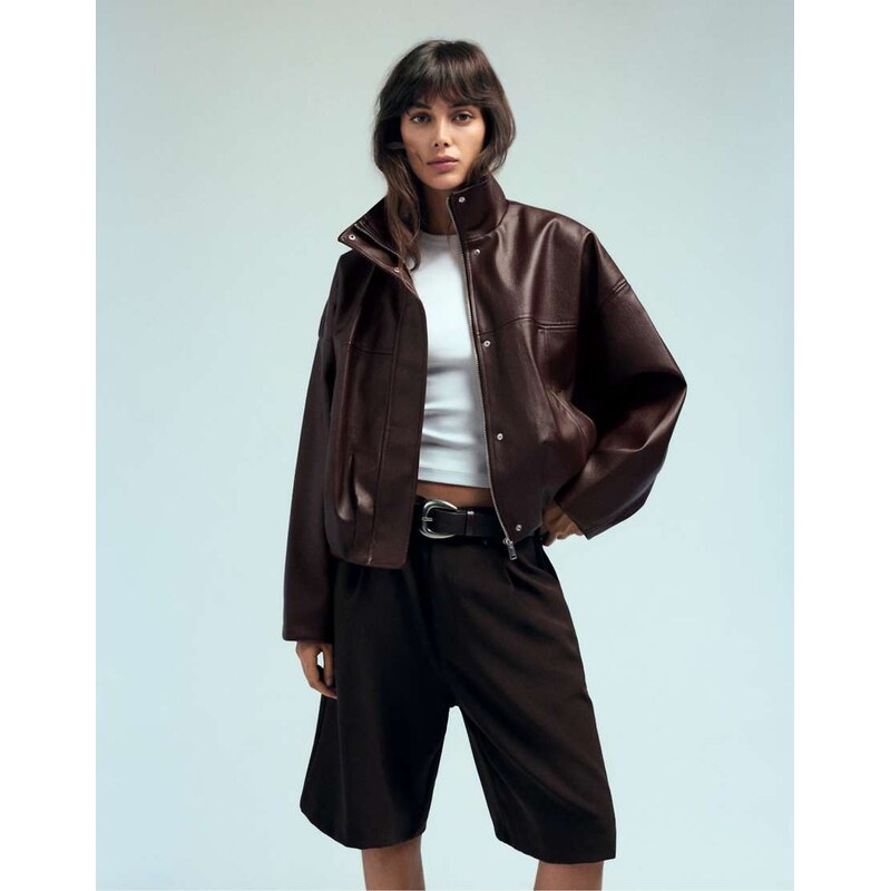 Pull&Bear Leather effect balloon jacket in chocolate-Brown
