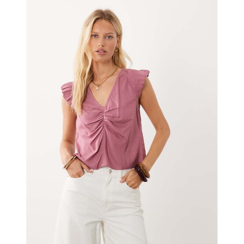 Mango Teen v neck frill detail top in pink