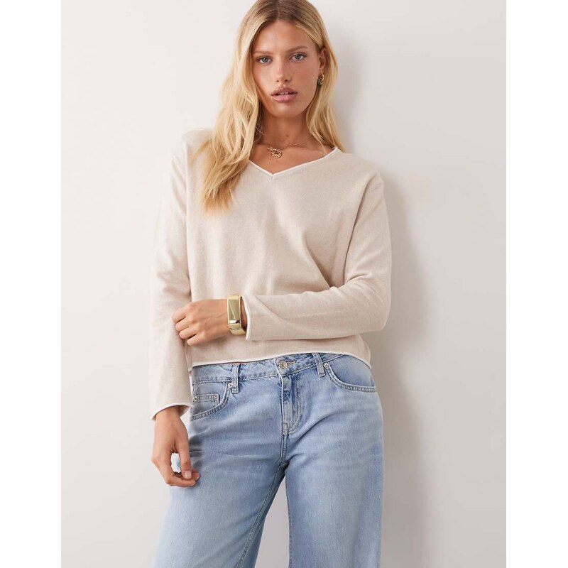 Mango Teen v neck jumper with contrast trim in sand-Neutral