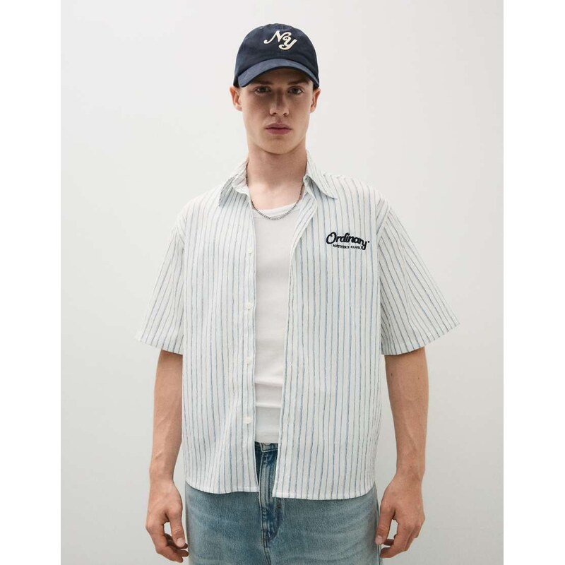 Bershka Short sleeve striped shirt with back print in white