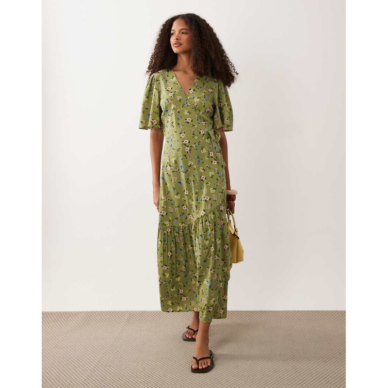 Wednesdays Girl floral wrap detail puff sleeve midi dress in
