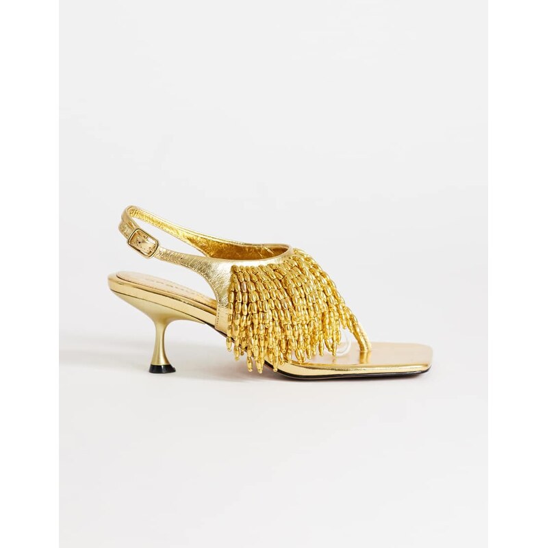 Topshop Night beaded toe thong heeled sandal in gold