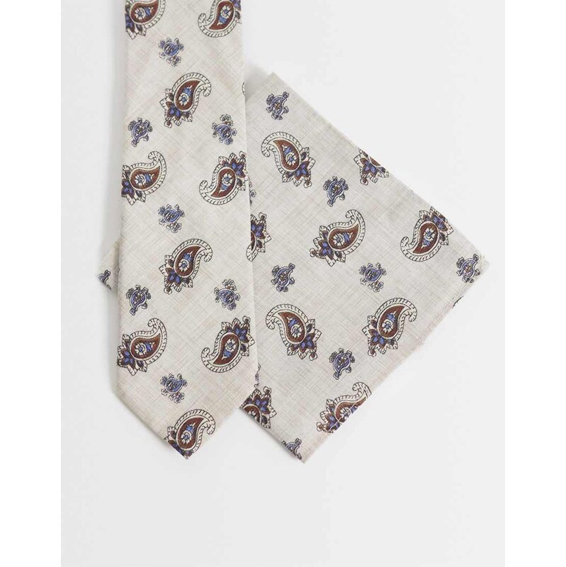 ASOS DESIGN paisley tie and pocket square in beige-Neutral