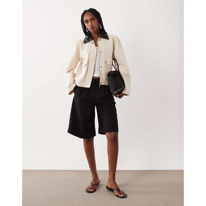 Brave Soul barn jacket with contrast PU collar in stone-Neutral