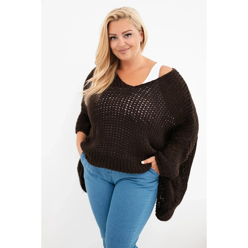 Kesi Dámský svetr dírkovaný oversize s výstřihem do V a delším